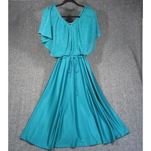 Vtg Formal Crochet Dress Women S Teal Satin Belted A Line Midi Wedding Guest 70s